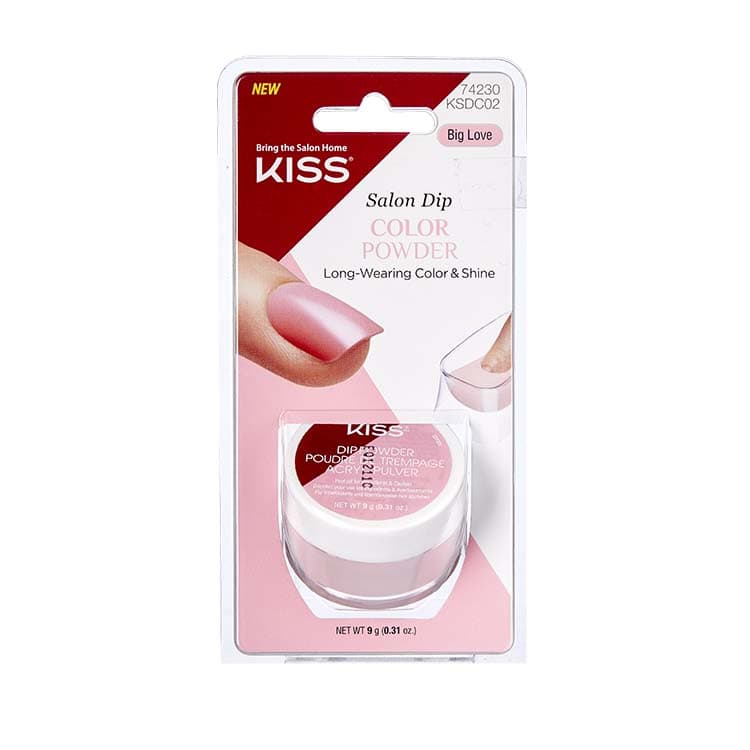 Kiss Salon Dip Color Powder - Big Love in een roze verpakking, biedt langdurige kleur en glans voor nagels.
