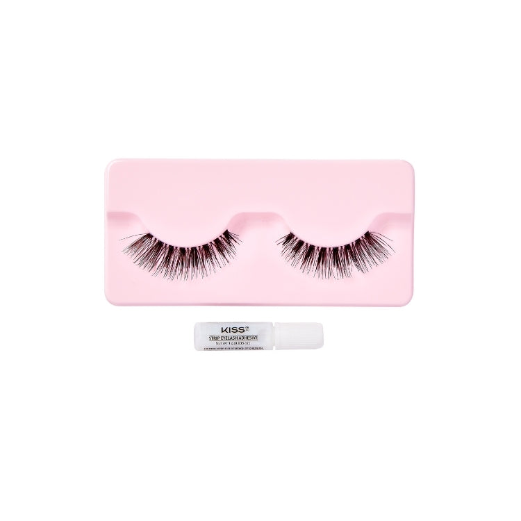 Kunstwimpers Natural - Gorgeous in zwart met een natuurlijke look, verpakt op een roze tray met een lijm.