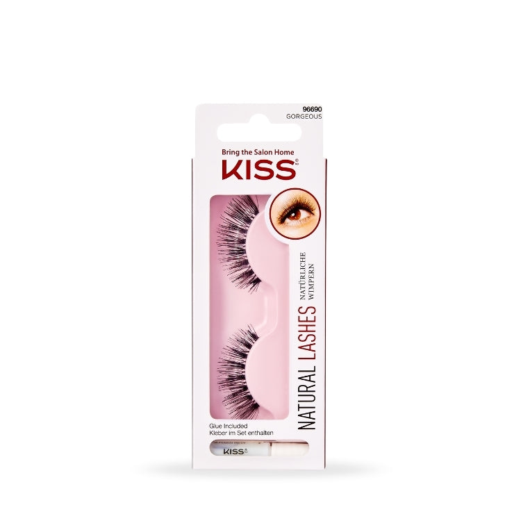 Kunstwimpers Natural - Gorgeous in een roze verpakking met zwarte wimpers, inclusief lijm voor eenvoudig aanbrengen.