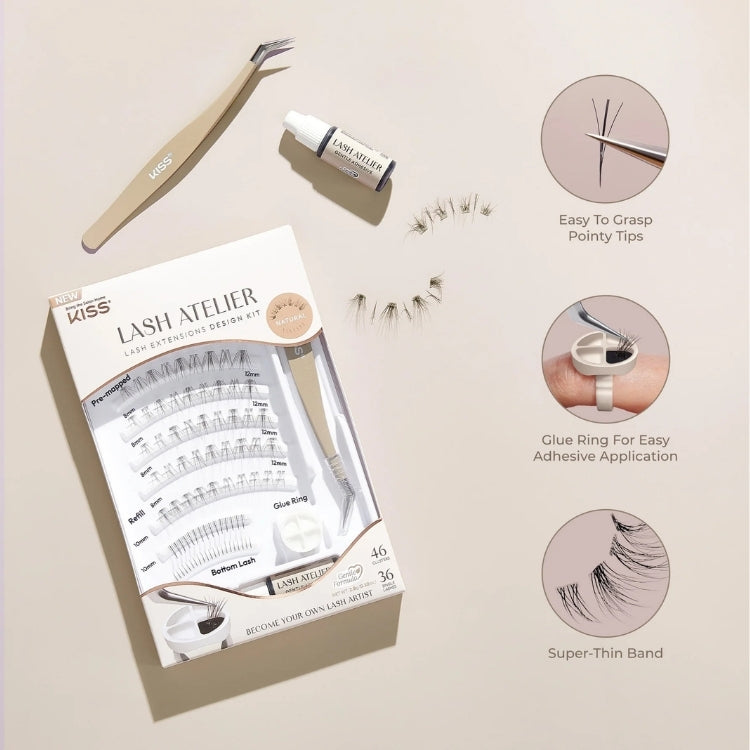 Lash Atelier Design Kit 6mm-12mm - Natural in een stijlvolle verpakking met wimpers, lijm en applicatietools.