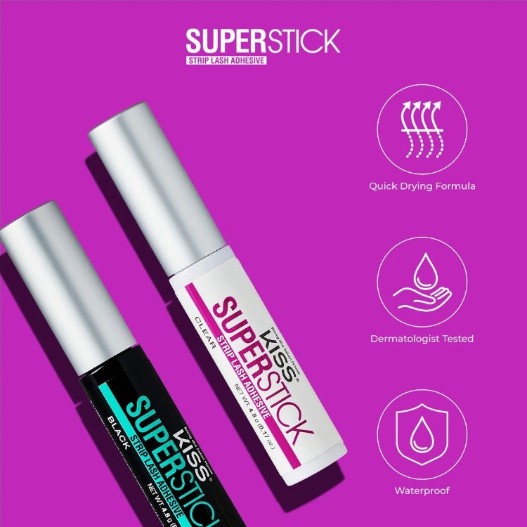 Superstick Strip Lash Adhesive | Clear in een slanke witte tube met zilveren dop, geschikt voor het bevestigen van wimpers.