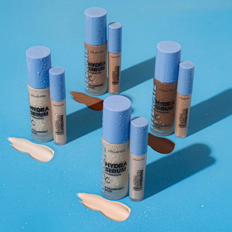 Lasting Perfection Hydrating Concealer in diverse tinten met een slanke verpakking en blauwe dop op een blauwe achtergrond.