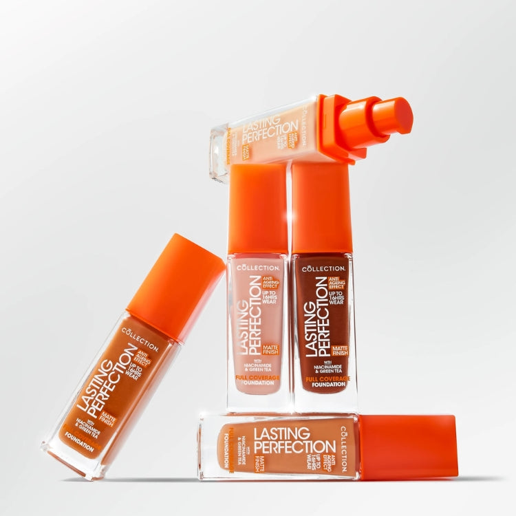 Lasting Perfection Matte Foundation in verschillende tinten met oranje verpakking en pompdispenser.