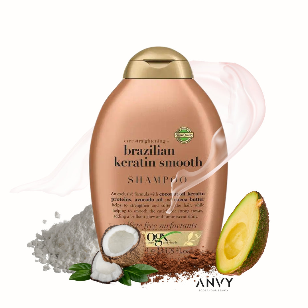 Ever Straight Brazilian Keratin Smooth Shampoo in een ovale, gouden verpakking met kokos en avocado.