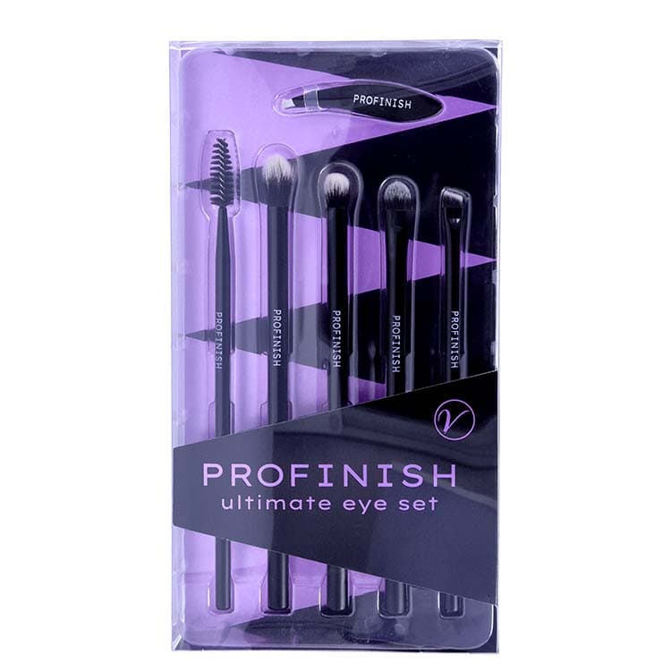 Ultimate Eye Set Cosmetic Brushes van Profinish, vijf zwarte oogschaduwkwasten in een paarse verpakking.