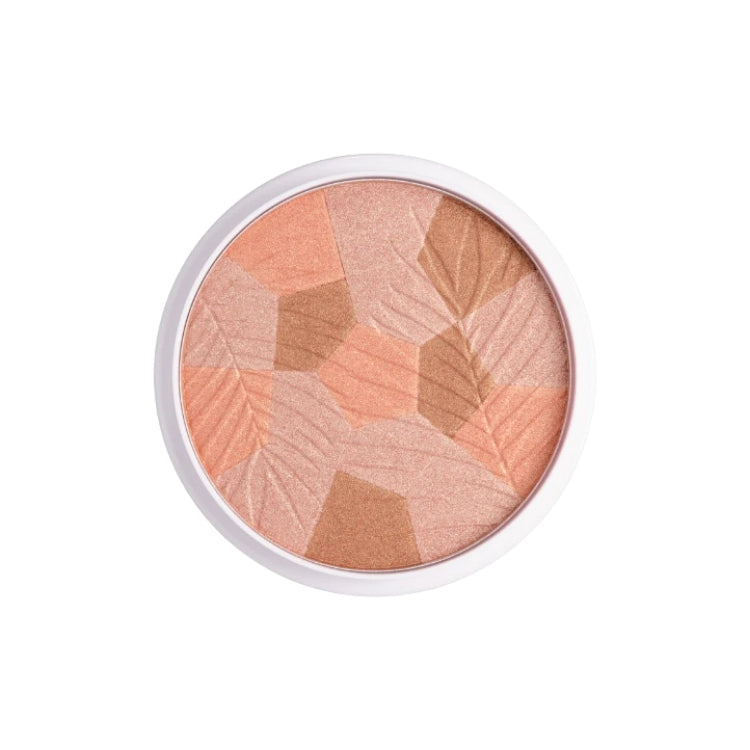 Bronze Glow Mosaic Powder - Mosaic Sunkissed, een ronde poederdoos met warme, bronzen tinten en een bladpatroon.