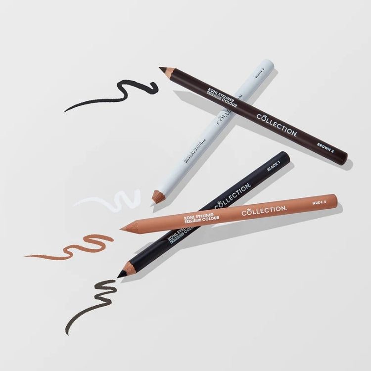 Kohl Eyeliner Precision Colour in verschillende kleuren met bijbehorende lijnen op een lichte achtergrond.