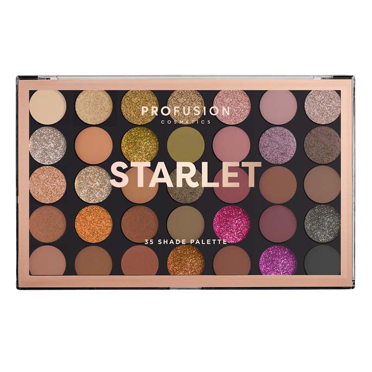 Master Artistry Palette Starlet van Profusion met 35 oogschaduwkleuren in diverse tinten en texturen in een luxe verpakking.