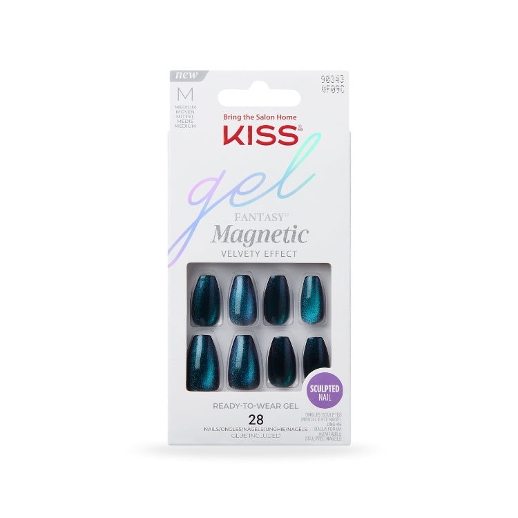 Gel Fantasy Magnetic - Chameleon van Kiss, set van 28 nagels in een chique, glanzende blauw-groene kleur.