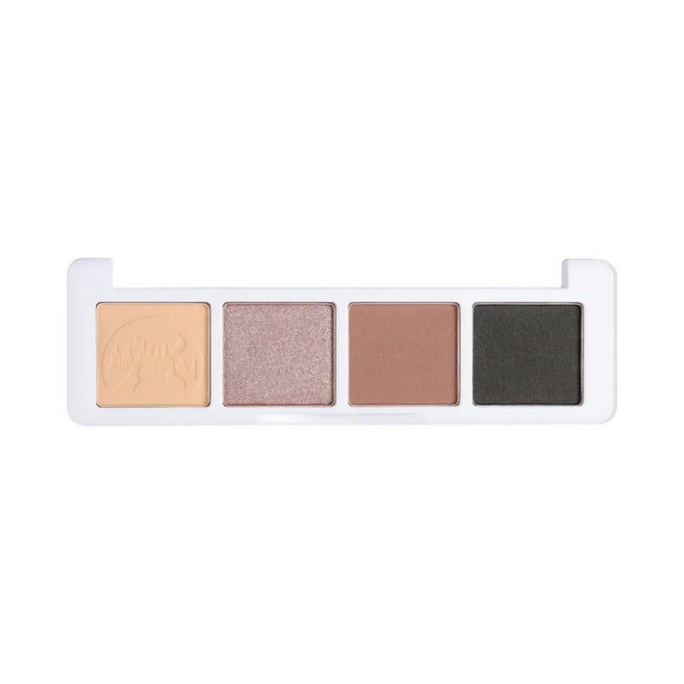 Mini Eyeshadow Palette Norway Nightfall met vier kleuren: een lichte beige, glanzend taupe, matte bruin en diep zwart.