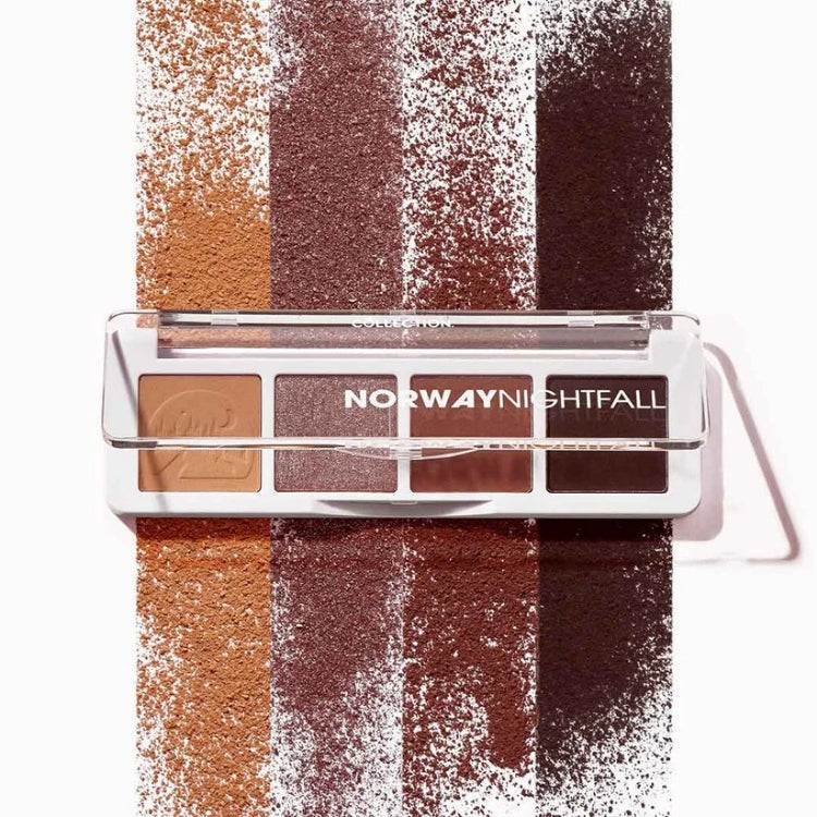 Mini Eyeshadow Palette Norway Nightfall met warme bruintinten in een transparante verpakking, ideaal voor een avondlook.