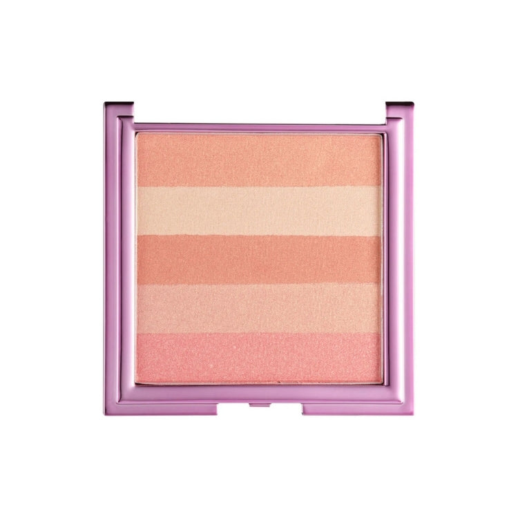 Filter Finish Glow Powder in een vierkante verpakking met gestreepte tinten in perzik- en nude-kleuren.