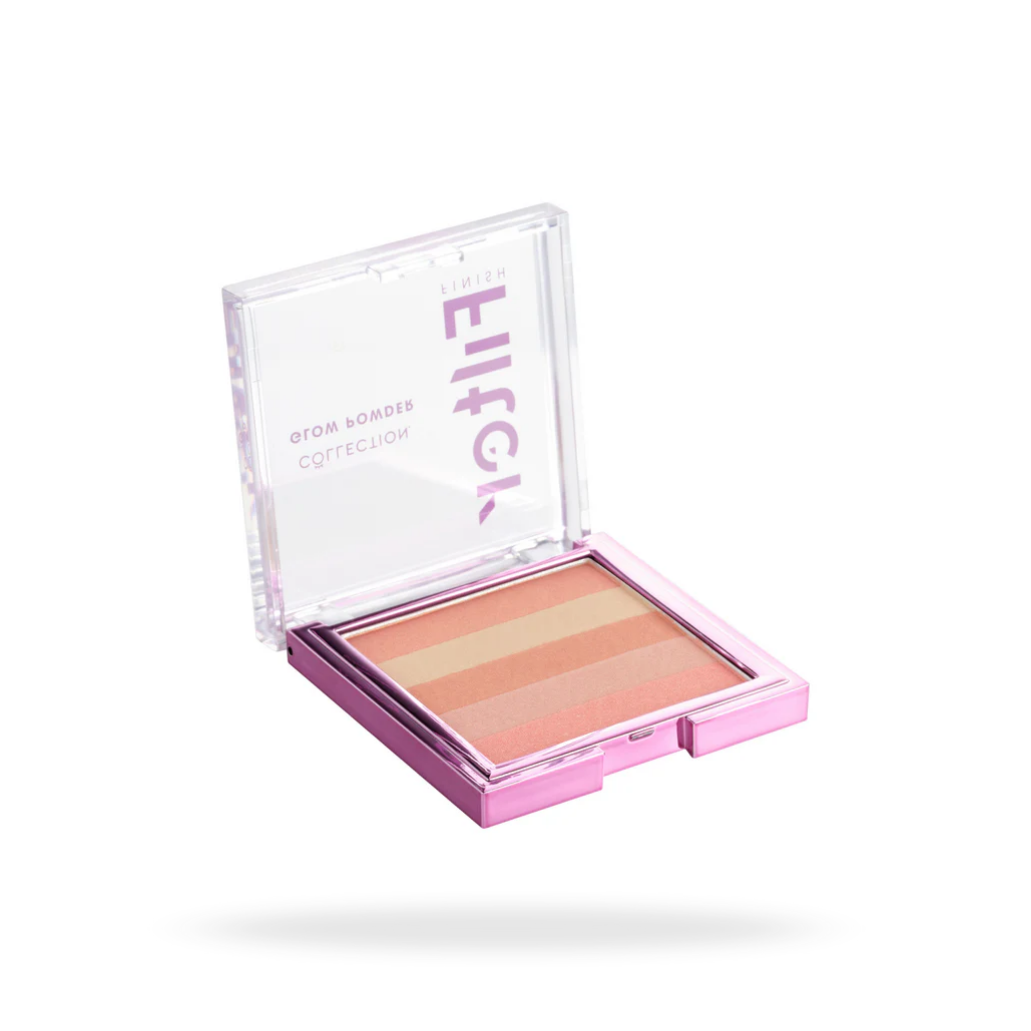 Filter Finish Glow Powder in een vierkante, doorzichtige verpakking met roze accenten en drie tinten poeder.
