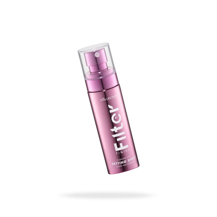 Filter Finish Flawless Skin Setting Spray in een stijlvolle, glanzende roze verpakking met spraydop.