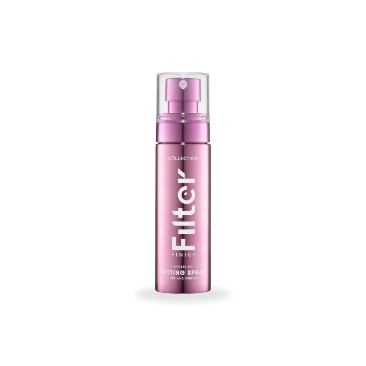 Filter Finish Flawless Skin Setting Spray in een elegante, lichtroze verpakking met een handige spraydop.