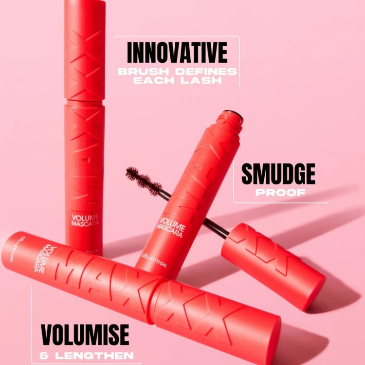 MaXXX Volume Mascara in een opvallende rode verpakking, met een innovatieve borstel voor volume en lengte.