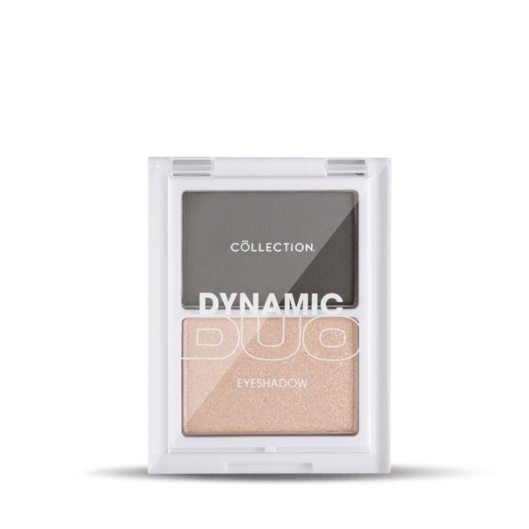 Dynamic Duo Eyeshadow Palette - Midnight Glow met een grijze en een lichtroze schaduw in een witte verpakking.