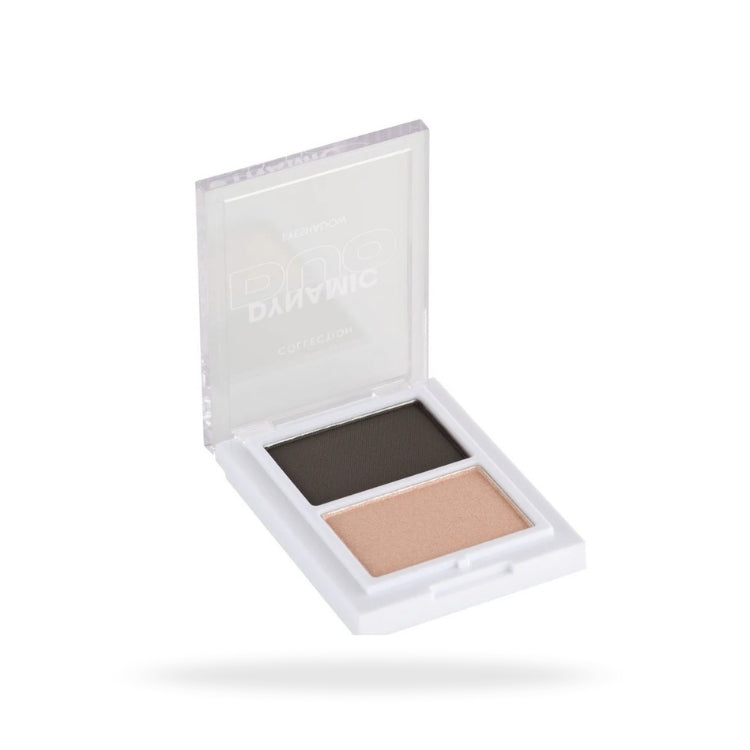 Dynamic Duo Eyeshadow Palette - Midnight Glow met een zwarte en beige oogschaduw in een transparante verpakking.