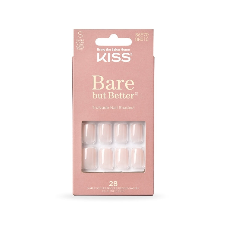 Bare But Better Nails - Nudies in een zachte nude kleur, verpakt in een elegante roze doos met 28 nagels.