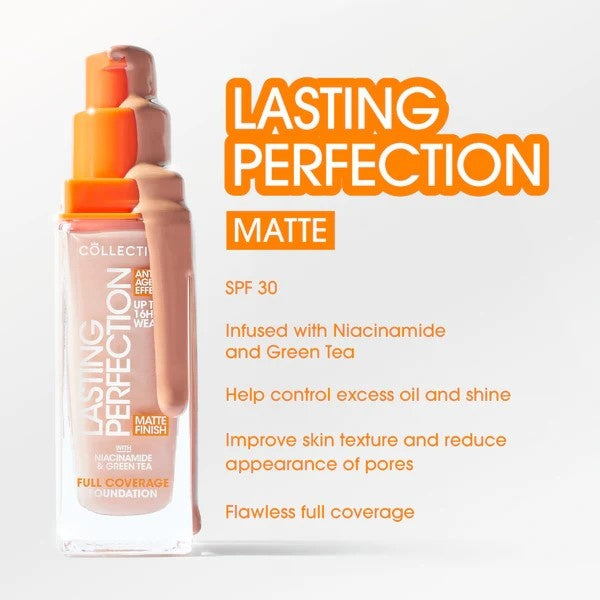Lasting Perfection Matte Foundation - 8N Beige Neutral in een transparante verpakking met pomp, biedt een matte finish en...