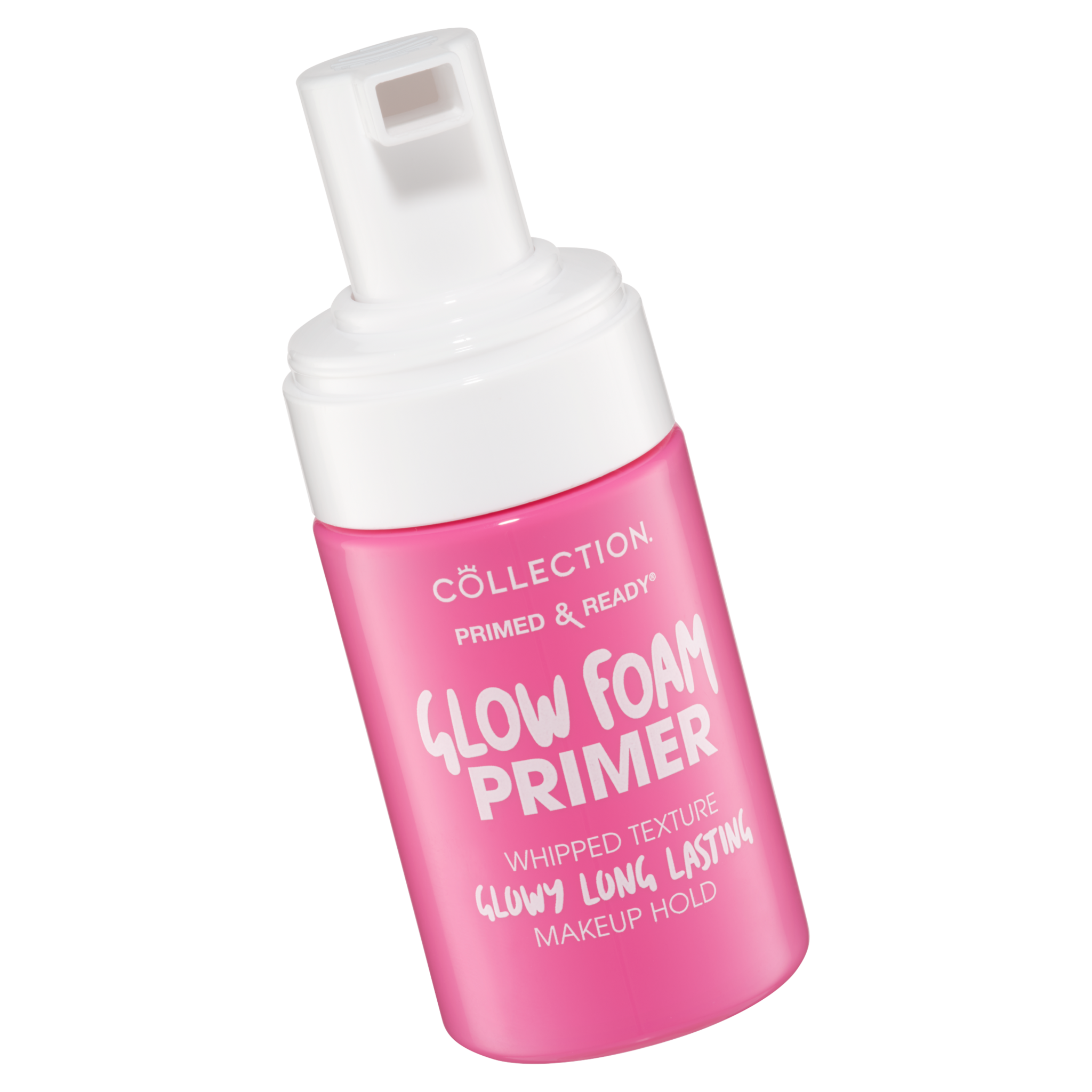 Primed and Ready Glow Foam Primer - Whipped Glow in een roze fles met pomp, voor een stralende make-up basis.