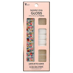 Dashing Diva - Gloss Strips - Wallflower Frenzy, kleurrijke nagelstickers in een roze verpakking met bloemenpatroon.