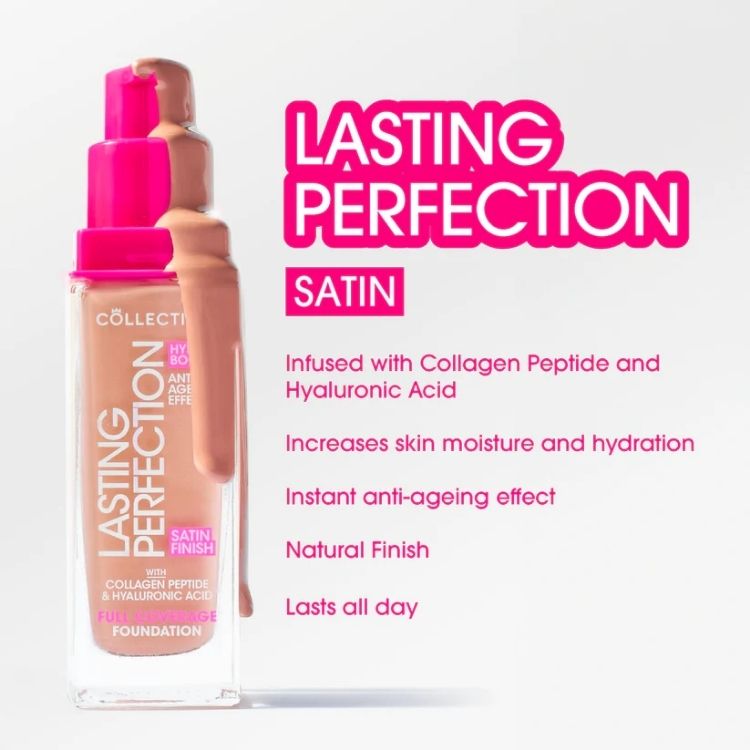 Lasting Perfection Satin Foundation in een transparante fles met een pomp, lichtroze kleur voor een natuurlijke finish.
