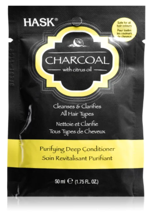 HASK charcoal with citrus oil deep conditioner 50ml in een zwarte en gele verpakking, geschikt voor alle haartypes.