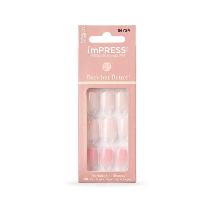imPRESS Bare but Better - Effortless Finish, set van 30 nagels in nude tinten met een natuurlijke uitstraling.