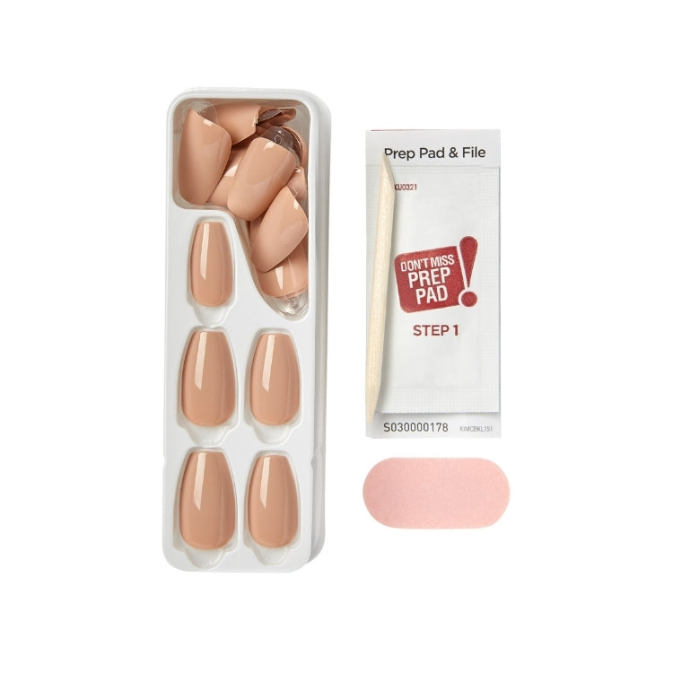 imPRESS Color Coffin - Latte, set van nagels in nude kleur met verpakking en bijbehorende prep pad en vijl.