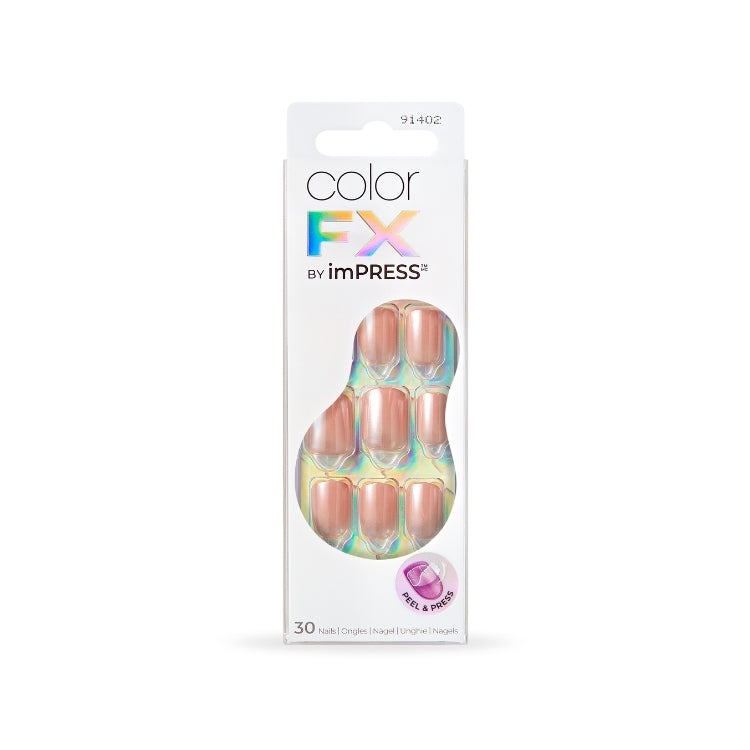 imPRESS Color FX - The Weekends, set van 30 kunstnagels in een zachte perzikkleur, verpakt in een doorzichtige doos.