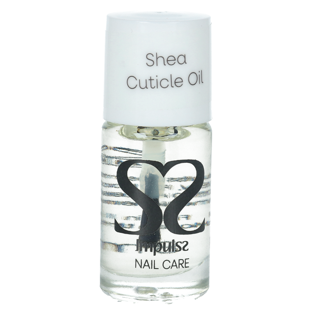 Impulss - Shea Cuticle Oil in een transparante fles met witte dop, ideaal voor verzorgde nagels en nagelriemen.