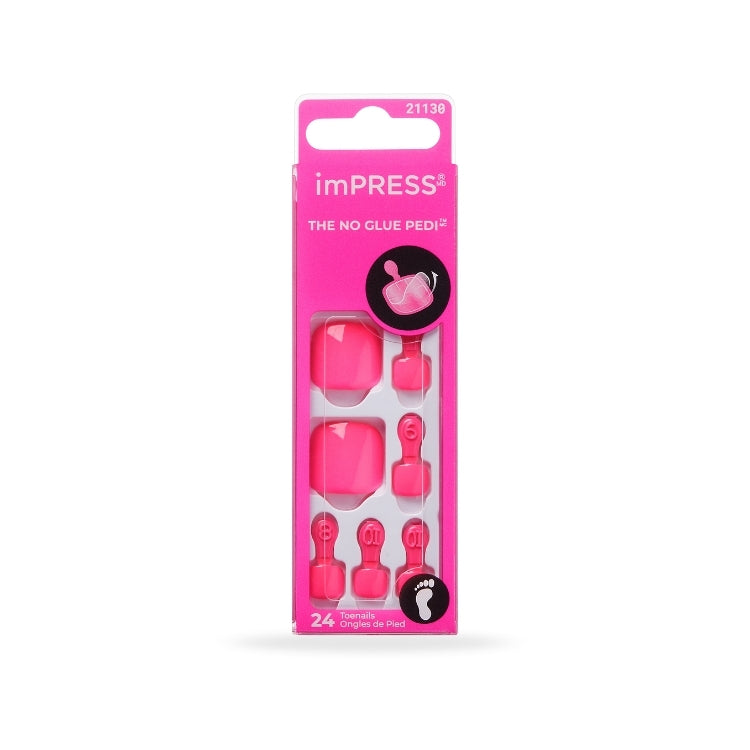 imPRESS Toenails - Tickle Me Pink, set van 24 felroze kunstnagels in verpakking met handige applicators.