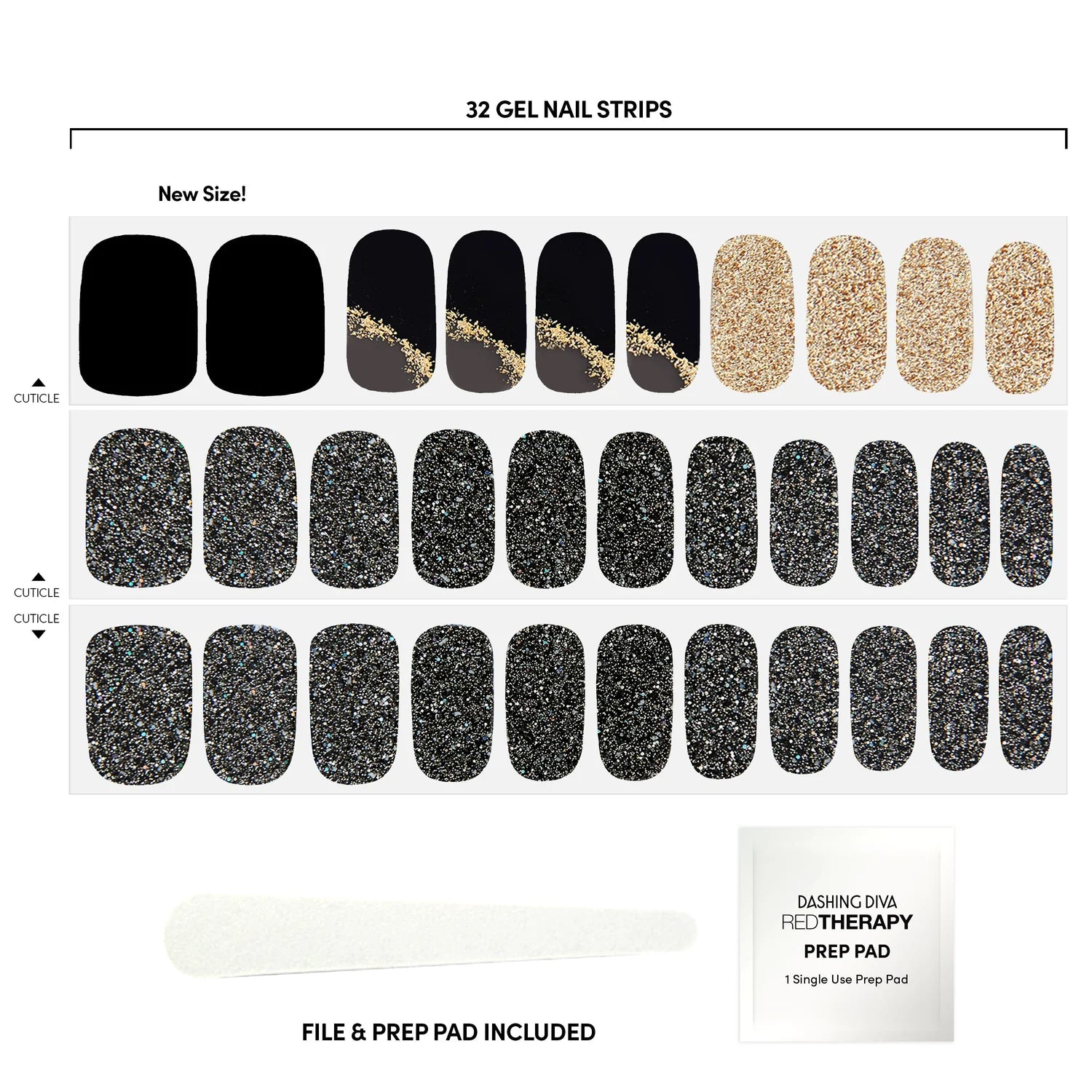 Dashing Diva - Gloss Strips - Galaxy Unknown, 32 gel nagelstrips in zwart, goud en glitter, inclusief prep pad en vijl.