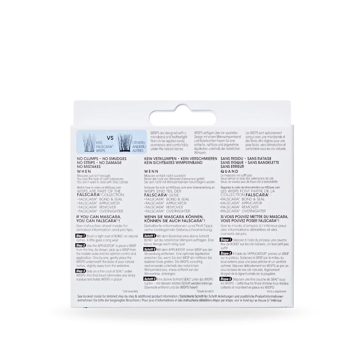 Falscara - Multipack Lengthening Wisps 02 | 30 Wisps in een witte verpakking met instructies en productinformatie.