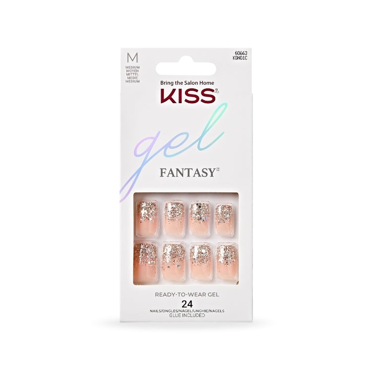 Gel Fantasy Nails - Fanciful in zachte nude tint met glitters, verpakking bevat 24 kant-en-klare nagels en lijm.