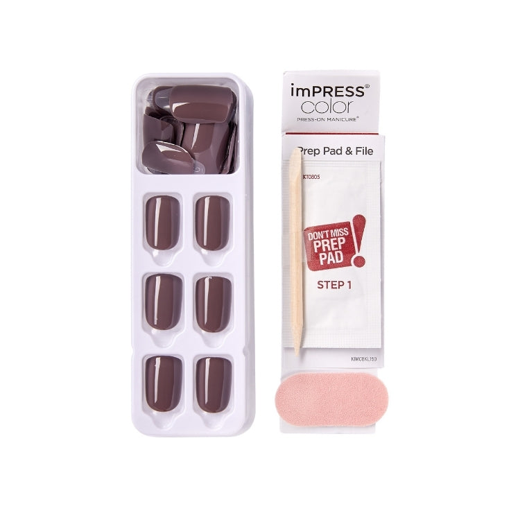 imPRESS Color - Try Gray, set van kunstnagels in grijze tint met bijbehorende prep pad en vijl in verpakking.