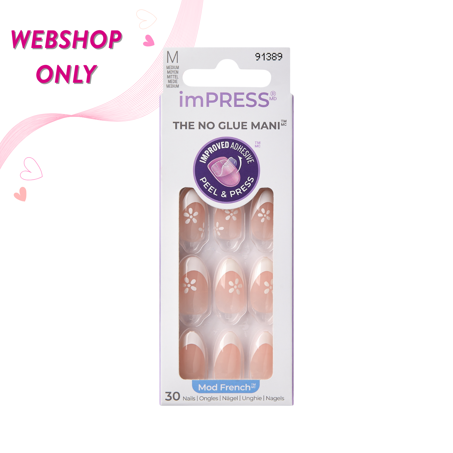 Impress - Fearless, nagels in modieuze French manicure stijl met bloemen, verpakt in een handige doos voor webshop.