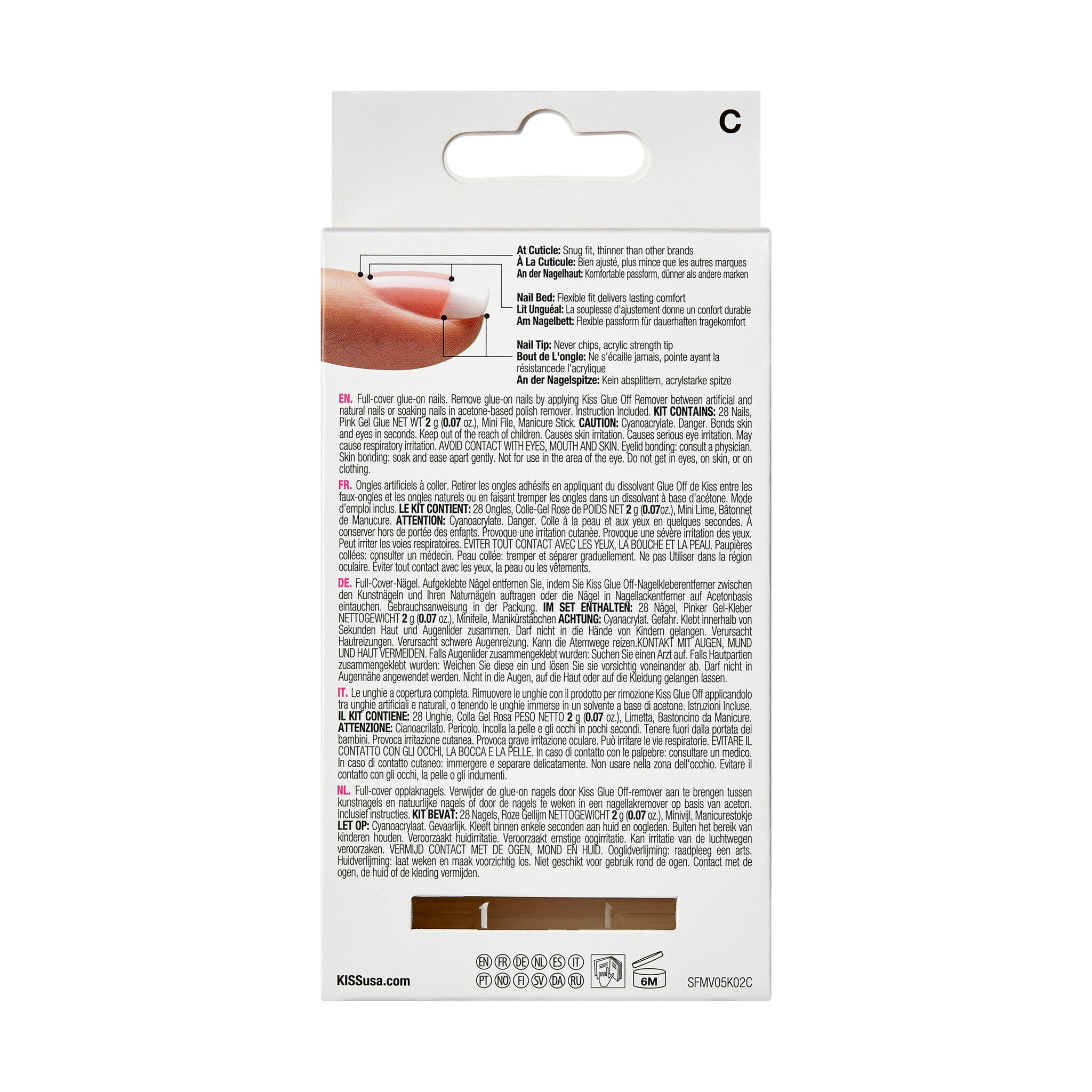 Salon Acrylic French-Je T'Aime van Kiss in een stijlvolle verpakking met instructies voor het aanbrengen van nagels.