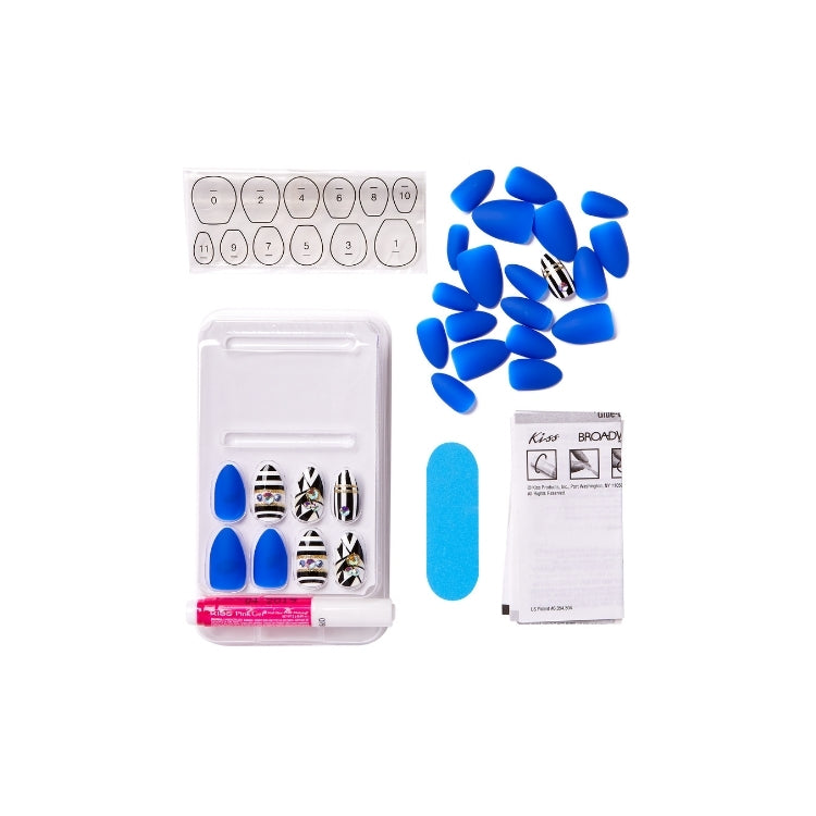Jewel Fantasy Nails - Your Grace in blauw met verschillende designs, inclusief lijm en instructies.