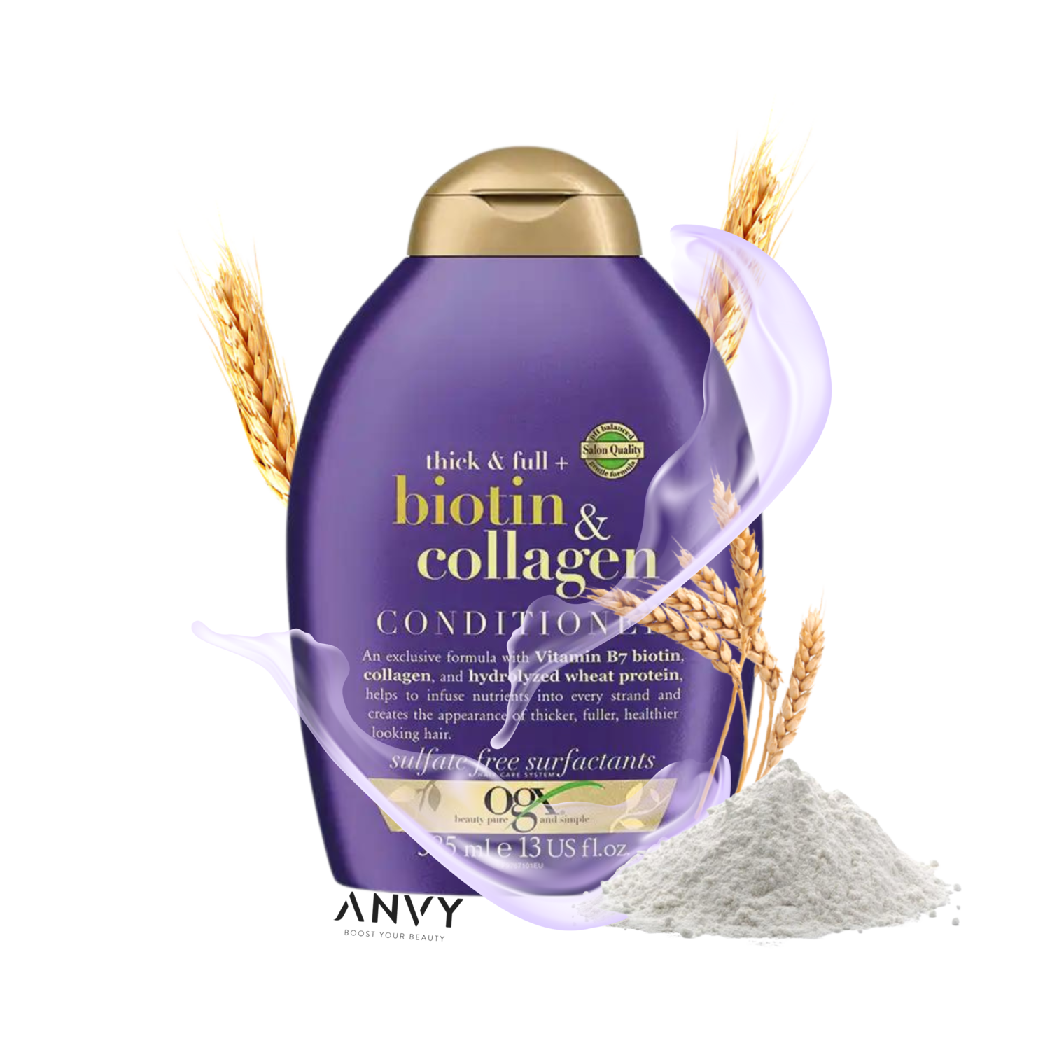 Thick And Full Biotin And Collagen Conditioner in een paarse fles met gouden dop, omringd door tarwe en poeder.