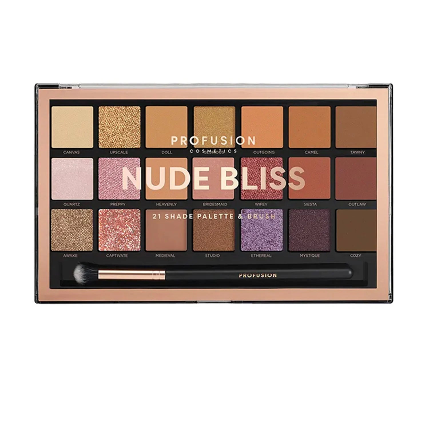 Pro Artistry Palette Nude Bliss van Profusion met 21 neutrale tinten in een stijlvolle verpakking en bijpassende kwast.