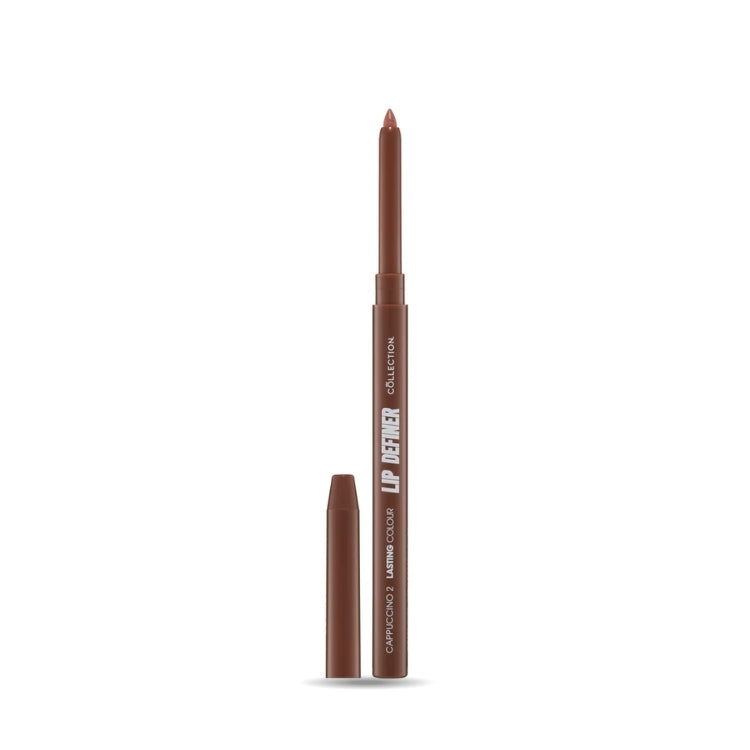 Lip Definer in een bruine tint, met een slanke penvormige verpakking voor nauwkeurige applicatie.