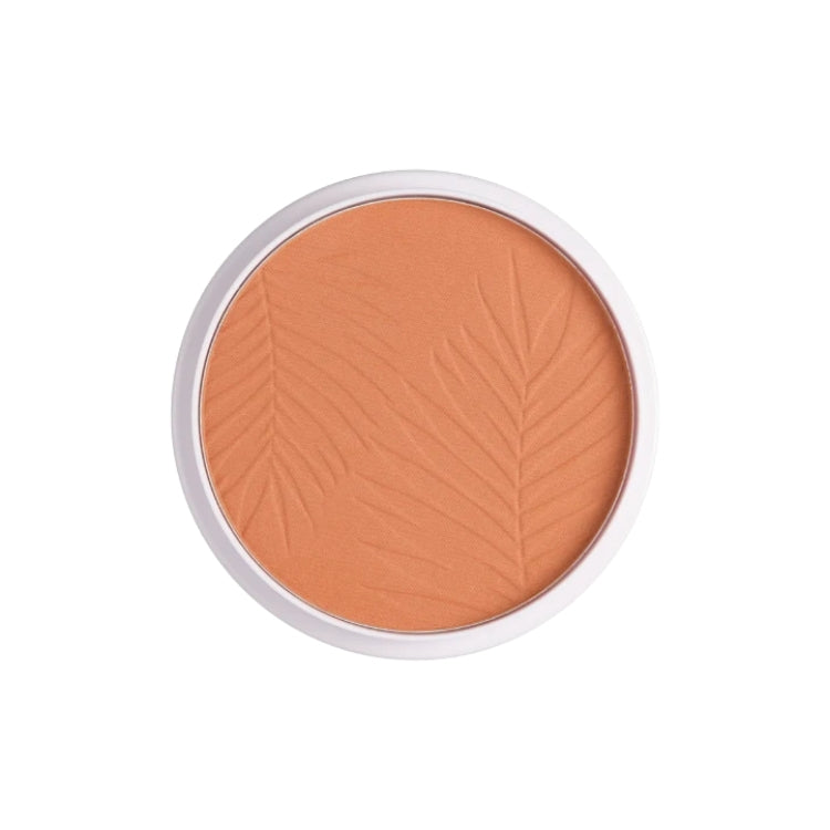 Bronze Glow Matte Powder in een ronde verpakking, met een warme, matte oranje tint en een bladerenpatroon.