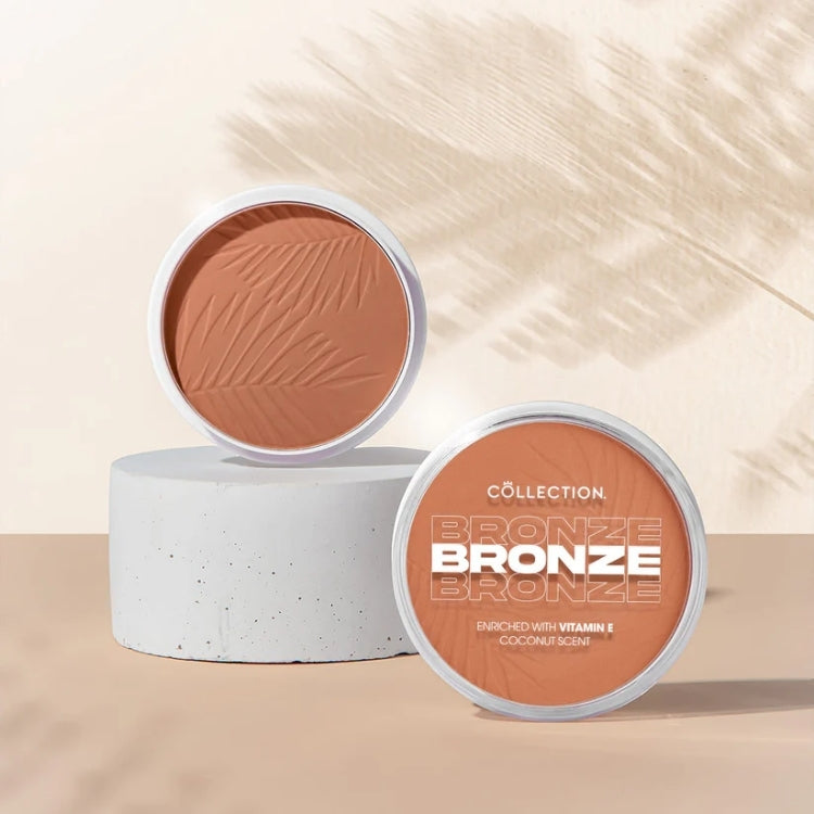 Bronze Glow Matte Powder van Collection in een ronde verpakking met een warme, bronzen tint en een palmbladmotief.
