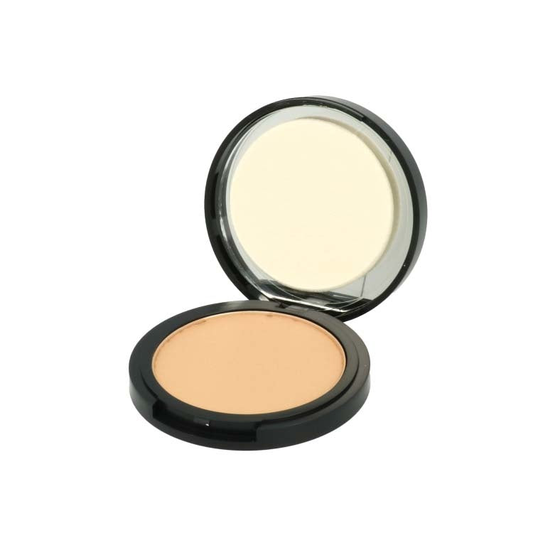 Crème to Powder Foundation - C2P04 in een zwarte verpakking, met een lichte poederkleur en een spiegeldeksel.