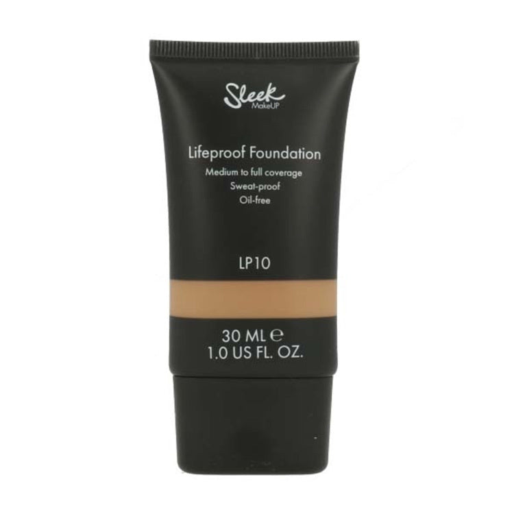 Lifeproof Foundation LP10 van Sleek in een zwarte tube met een medium tot volledige dekking, olie-vrij en zweetbestendig.