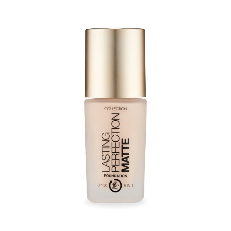 Lasting Perfection Matte Foundation in een elegante, transparante fles met gouden dop voor een matte finish.