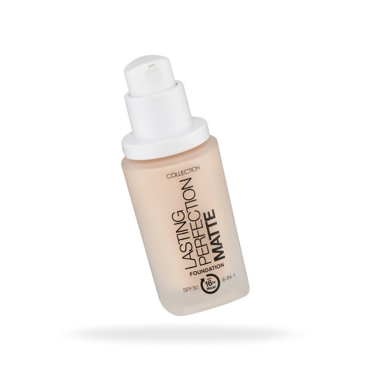 Lasting Perfection Matte Foundation in een lichte fles met pomp, ideaal voor een matte finish en langdurige dekking.