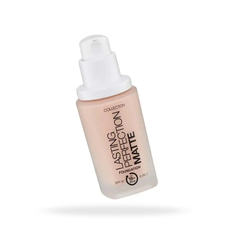 Lasting Perfection Matte Foundation in een lichte fles met pompdispenser, ideaal voor een matte finish.